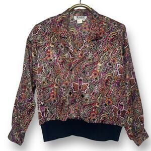 Vintage 80s Paisley Blouse Size 16 Long Sleeve Double Breasted Blouse Top Office